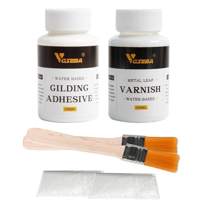 VGSEBA Gold Leaf Adhesive, 6.8oz Gilding Adhesive Set, Metal Leaf Glue and Varnish for Foil Transfer Sheets, Decor Foil, Arts Use (200ml + 2 Brushes + 2 Gloves) - Image 1